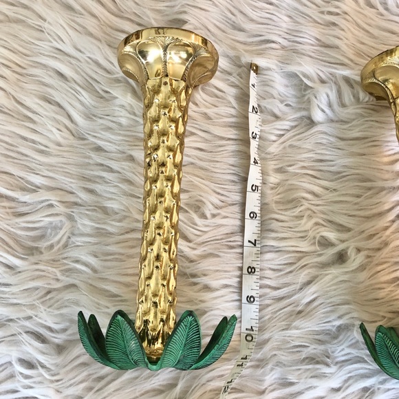 Vintage | Palm Tree Taper Candleholders Green Gold PAIR Preppy Palm Beach - Picture 7 of 8